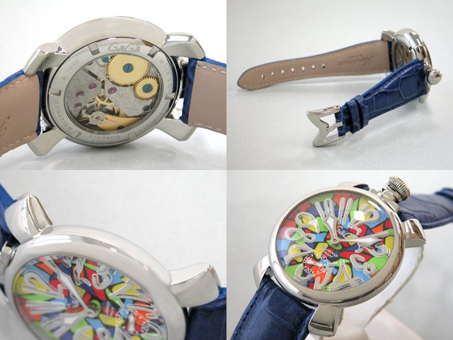 ガガ?ミラノ マニュアル48mm 手巻き 5010 MOSAICO 1 ブルー皮 マルチカラーモザイク/シルバーアラビア